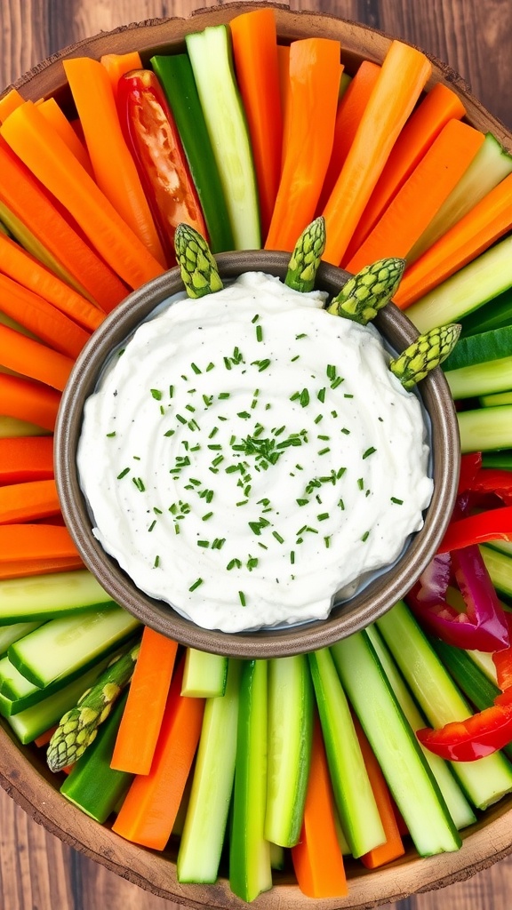Creamy asparagus dip in a bowl with fresh vegetable dippers on a wooden platter.